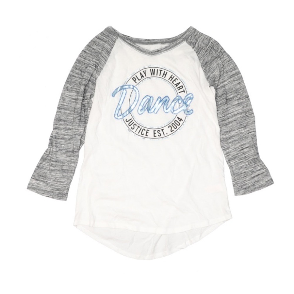 Justice "Dance" 3/4 sleeve white with grey T-Shirt sz 12 Girls EUC